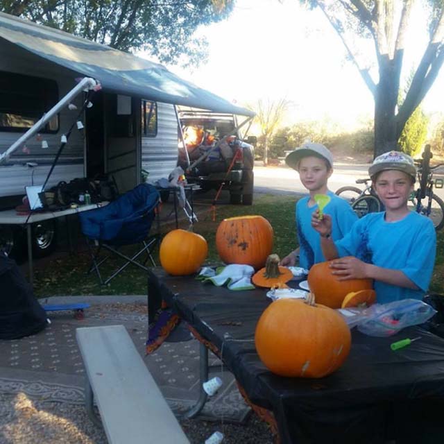 Carving pumpkins at the Virgin, Utah RV park