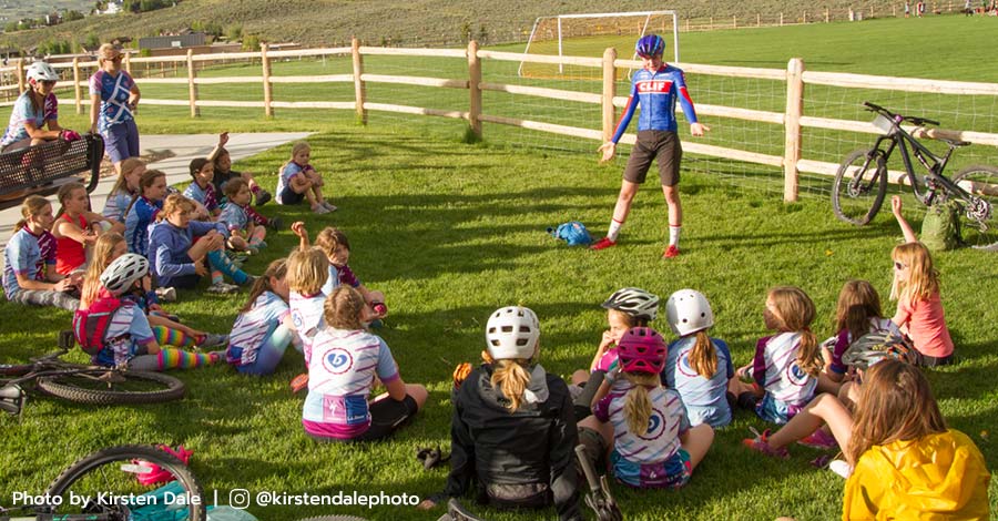 Pro mountain biker Haley Batten speaks to a group of young ladies at a Little Bellas clinic in Park City, Utah.