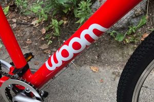 Woom 5 downtube; aluminum frame detail.