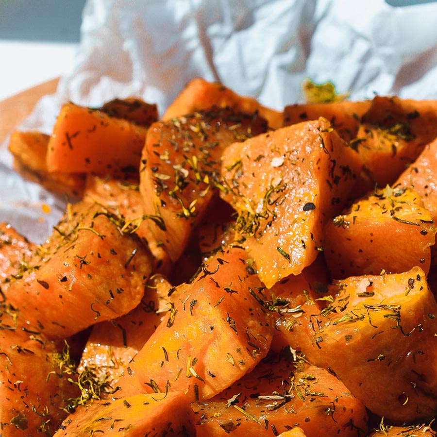 Roasted sweet potatoes have less carbs and starch than russet potatoes