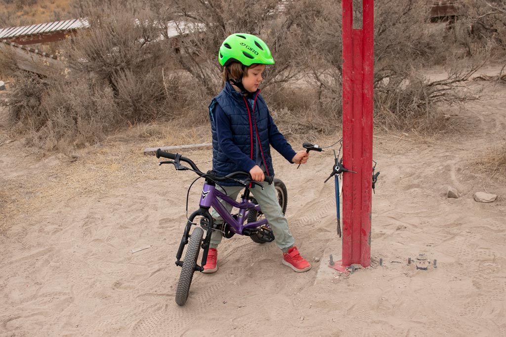 Inspecting the repair stand at the skills park